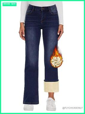 Fleece Lined High Waisted Wide Leg Jeans for Women Winter Warm Denim Pants